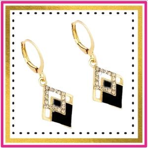 Gorgeous Rhinestone Rhombus Dangle Earrings - About 1.3" Tall-Black &,Gold Color